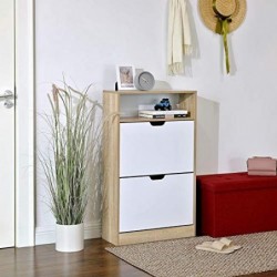 Cabinet de pantofi cu 2 clapete, raft de pantofi cu raft deschis, folie de melamină, ușor de curățat, 60 x 24 x 102 cm, alb și natural LBC04NW