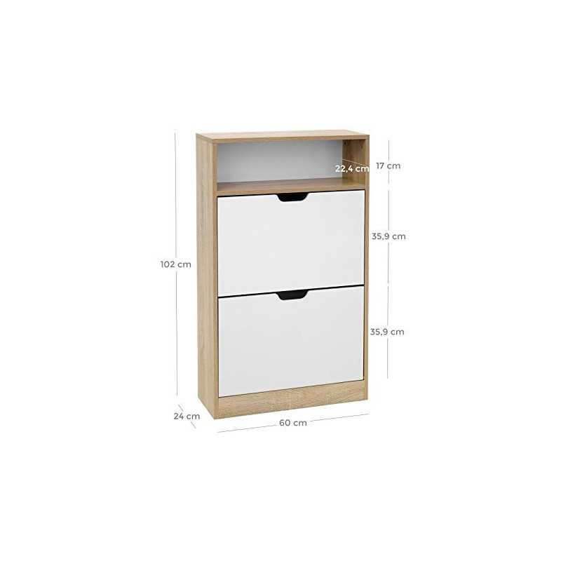 Cabinet de pantofi cu 2 clapete, raft de pantofi cu raft deschis, folie de melamină, ușor de curățat, 60 x 24 x 102 cm, alb și natural LBC04NW