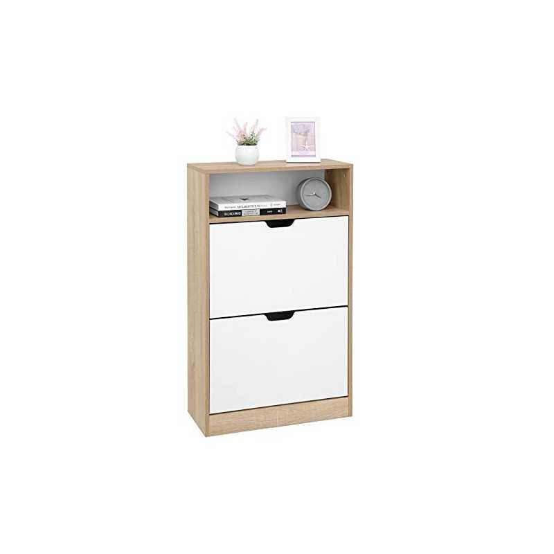 Cabinet de pantofi cu 2 clapete, raft de pantofi cu raft deschis, folie de melamină, ușor de curățat, 60 x 24 x 102 cm, alb și natural LBC04NW