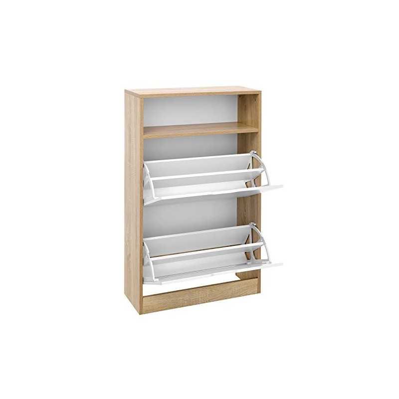 Cabinet de pantofi cu 2 clapete, raft de pantofi cu raft deschis, folie de melamină, ușor de curățat, 60 x 24 x 102 cm, alb și natural LBC04NW