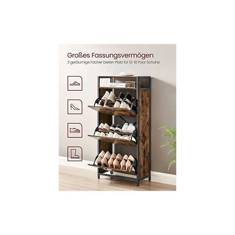 Cabinet de pantofi cu 3 uși flip, raft de depozitare cu compartiment deschis, divizoare interne, pentru 15-18 perechi de pantofi, 60 x 30 x 130 cm, rustic maro și negru LBS101B01