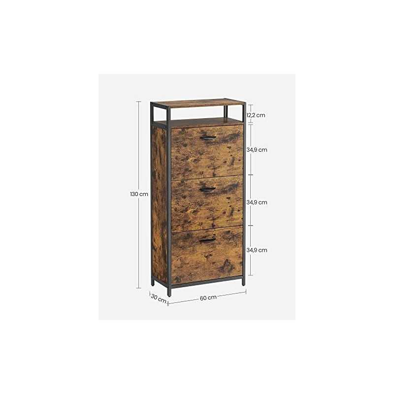 Cabinet de pantofi cu 3 uși flip, raft de depozitare cu compartiment deschis, divizoare interne, pentru 15-18 perechi de pantofi, 60 x 30 x 130 cm, rustic maro și negru LBS101B01