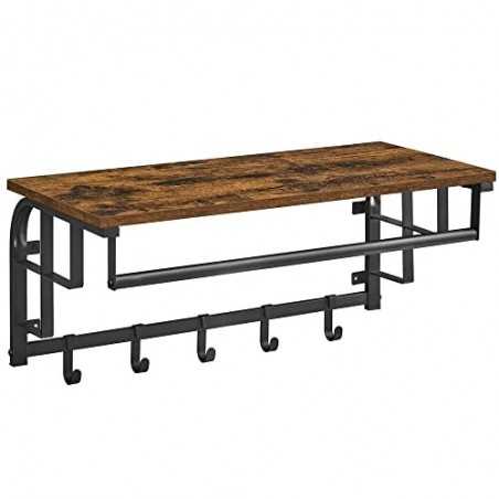 Rack de haine montat pe perete, cârlig de haine cu 5 cârliguri, șine suspendate, versatile pentru intrare hol dormitor baie living room, rustic maro și negru LCR12BX