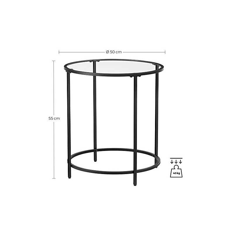 Masa laterală rotundă, masa de cafea mică, masa din sticlă temperată cu cadru de oțel, masa de lângă pat, sufragerie, balcon, negru LGT020B01