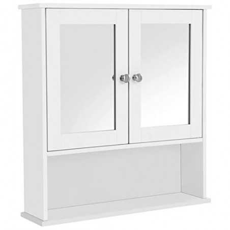 Cabinet de baie cu uși cu oglinzi duble, dulap de perete, dulap de depozitare, unitate de depozitare montată pe perete, rafturi cu înălțime reglabilă, 56 x 13 x 58 cm, alb LHC002