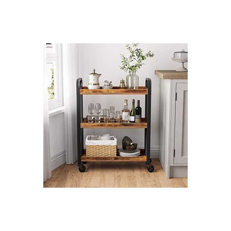 Cowjag Desserte de Style Industriel, Chariot de Cuisine, Gain de Place, avec Pieds Réglables et roulettes, Étagère de Cuisine, Structure en Acier, 66 x 26 x 85 cm, Marron Rustique LRC66BX