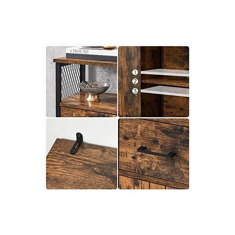 Cabinet de depozitare, dulap multifuncțional cu sertar și raft reglabil, dulap de baie, cadru din oțel, pentru bucătărie din sufragerie, stil industrial, rustic maro și negru LSC261B01