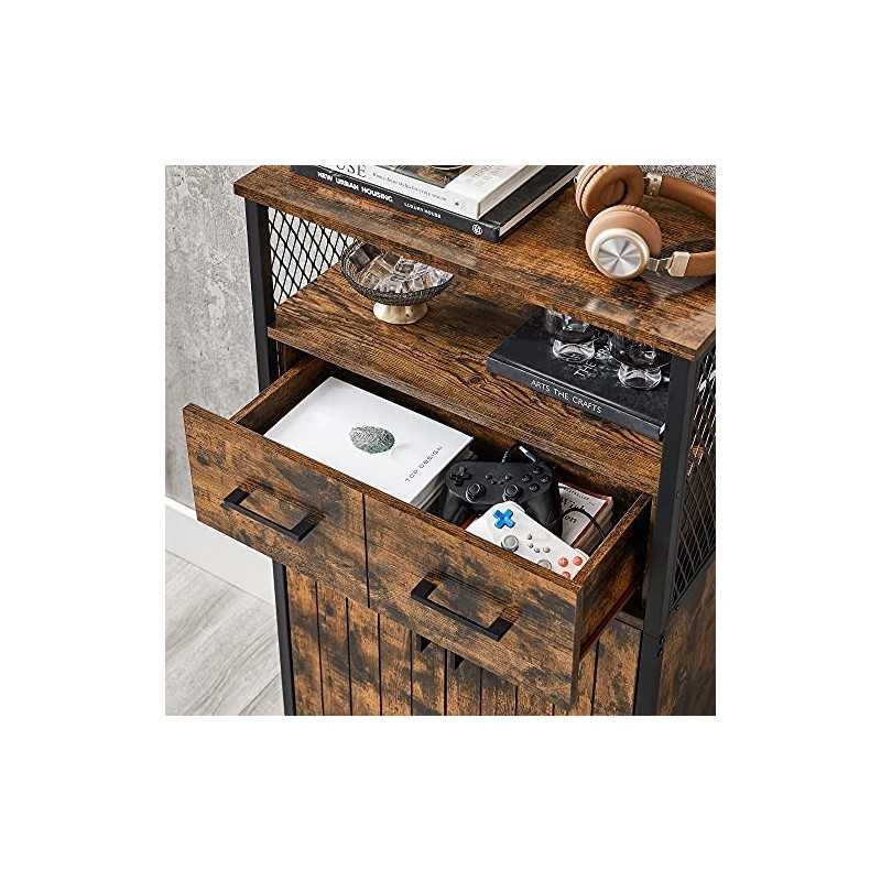 Cabinet de depozitare, dulap multifuncțional cu sertar și raft reglabil, dulap de baie, cadru din oțel, pentru bucătărie din sufragerie, stil industrial, rustic maro și negru LSC261B01