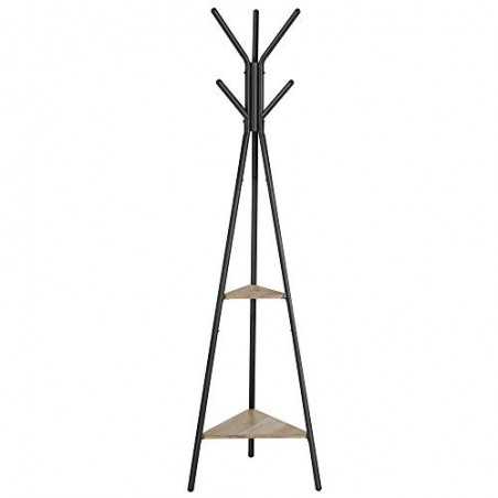 Rack Stand, Coat Tree, Hall Tree Standing, stil industrial, cu 2 rafturi, pentru îmbrăcăminte, pălărie, geantă, greige și negru RCR016B02