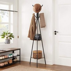 Rack Stand, Coat Tree, Hall Tree Standing, stil industrial, cu 2 rafturi, pentru îmbrăcăminte, pălărie, geantă, greige și negru RCR016B02