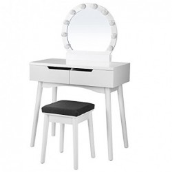 Set de toaletă de machiaj cu 10 becuri și comutator tactil, masă de machiaj pentru toaletă, birou cu oglindă rotundă mare, 2 sertare glisante, 1 scaun cu perne, alb URDT11WL