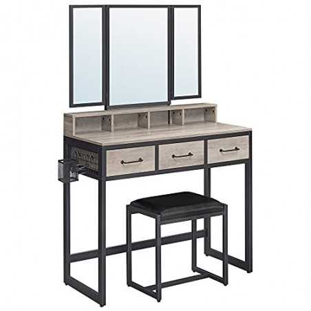 RVT004B02 Masă de toaletă cu scaun capitonat, oglindă triplă, 3 sertare, suport pentru uscător de păr, oală, stil industrial, gri și negru