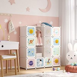 Cabinet de îmbrăcăminte portabilă, dulap DIY pentru îmbrăcăminte suspendată, organizator de depozitare modular pentru copii cu 16 cuburi, 4 șine suspendate, 123 x 41 x 123 cm, alb LPC905W01