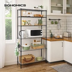 Raft de bucătărie cu 6 niveluri, raft metalic, raft în picioare, raft de plasă reglabil în înălțime, cu plăci din plastic PP, 8 cârliguri S, pentru bucătărie, sufragerie, economisire de spațiu, negru LGR096B01
