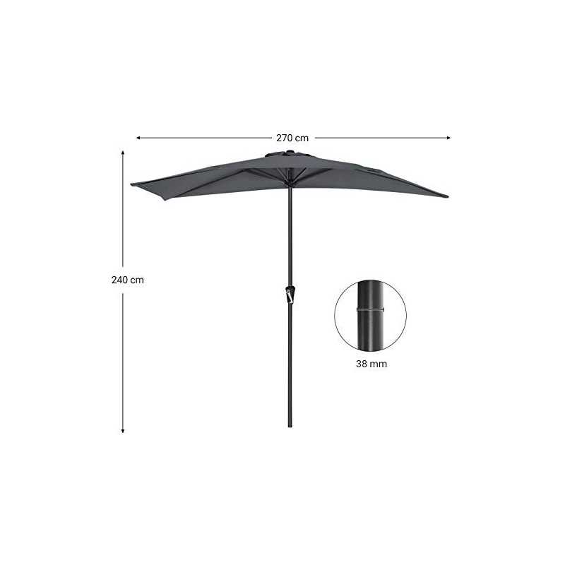 Umbrelă de umbrelă, Dia. Umbra de soare de 2,7 m, acoperis semicircular din poliester, mecanism de cotitură, umbră de soare cu protecție UPF 50+, bază nu este inclusă, terasă de grădină în aer liber, GPU31GY gri afumat