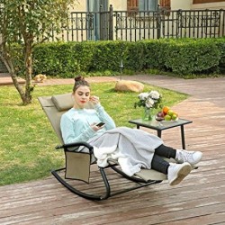 Sun Lounger, scaun de grădină, scaun leagăn cu sprijin pentru cap și buzunar lateral, structură de fier, respirator sintetic, confortabil, Max. Capacitate de încărcare 150 kg, maro GCB23BR
