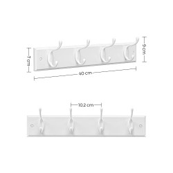 Raft pentru haine montat pe perete cu 4 cârlige metalice, suport pentru cârlige de perete din lemn pentru dormitor, intrare, baie, alb LHR23WT