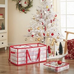 Cutie de depozitare pentru ornamente de Crăciun, Coș cub de depozitare pentru decorațiuni de Crăciun, 128 locuri de cutie, separatoare modulare, 67 x 34 x 34 cm, semitransparent și roșu RFB029T01