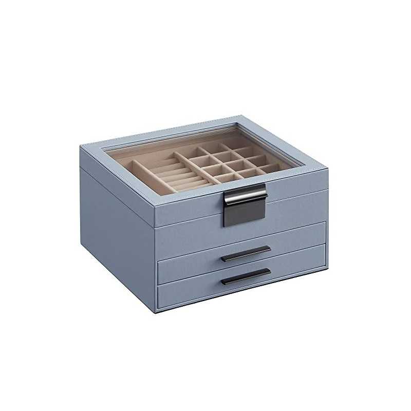 Cutie de bijuterii cu capac de sticlă, 3 straturi Organizator de bijuterii cu 2 sertare, depozit de bijuterii, mult spațiu de depozitare, stil modern, cadou pentru cei dragi, albastru afumat JBC239BU