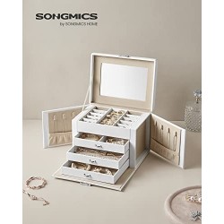Cutie de bijuterii, organizator de bijuterii 4 niveluri, cutie de depozitare de bijuterii cu încuietoare cu tavă, căptușeală de catifea, alb JBC159W01