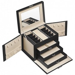 Cutie de bijuterii, Organizator de bijuterii 4 nivele, Cutie de depozitare pentru bijuterii cu încuietoare cu tăvi, căptușeală din catifea, negru JBC159B01