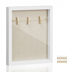 Cadru cu cutie de umbră, cadru de imagine cu țesături, spini de îmbrăcăminte și stilouri, pentru meșteșuguri DIY, spate din țesătură de pânză, față de sticlă și margine MDF, alb RPF007W01