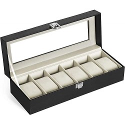 Cutie cu ceasuri cu 6 sloturi, cutie cu capac de sticlă, perne de ceasuri din catifea, suport pentru ceasuri, 11,2 x 30 x 8 cm, idee de cadou, piele sintetică neagră, strat gri verde JWB06BE