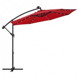 Umbrelă de grădină cu cantilever cu lumini LED alimentate cu energie solară, umbrelă offset de 3 m cu bază, umbrelă suspendată cu banane UPF 50+, crank pentru deschidere și închidere, GPU018R01 roșu