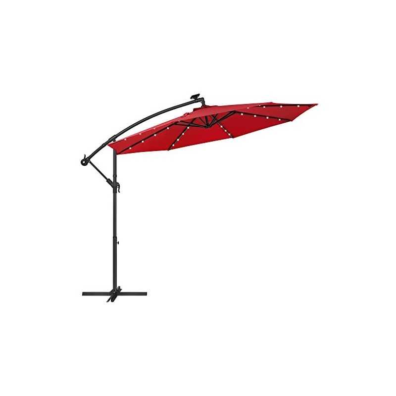 Umbrelă de grădină cu cantilever cu lumini LED alimentate cu energie solară, umbrelă offset de 3 m cu bază, umbrelă suspendată cu banane UPF 50+, crank pentru deschidere și închidere, GPU018R01 roșu