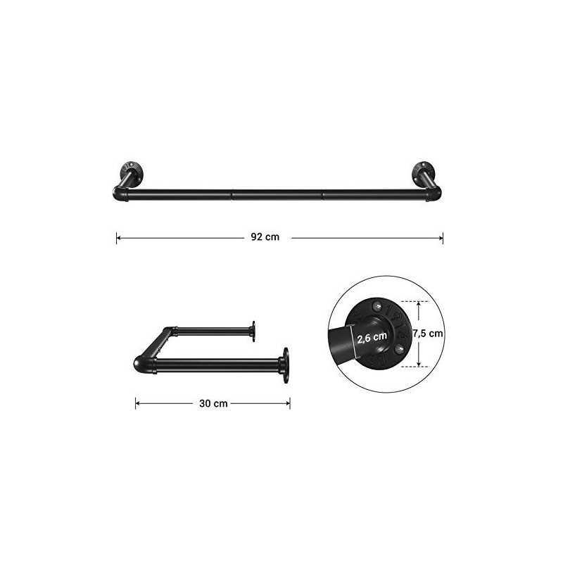 Relă pentru îmbrăcăminte montată pe perete, Relă suspendată pentru țevi industriale pentru îmbrăcăminte, economisitoare de spațiu, grele, 92 x 30 x 7,5 cm, ușor de asamblat, pentru spațiu mic, negru HSR67BK