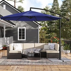 Umbrelă de grădină cu cantilever cu bază, umbrelă offset de 3 m, umbrelă suspendată cu banane, umbrelă solară cu protecție UPF 50+, manetă pentru deschidere și închidere, albastru naval GPU016L01