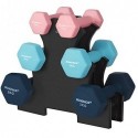 Set gantere hexagonale cu suport - 2 x 1 kg, 2 x 2 kg, 2 x 3 kg, finisaj mat din neopren, greutăți pentru mâini pentru exerciții la domiciliu, roz, aqua și albastru SYL612MK