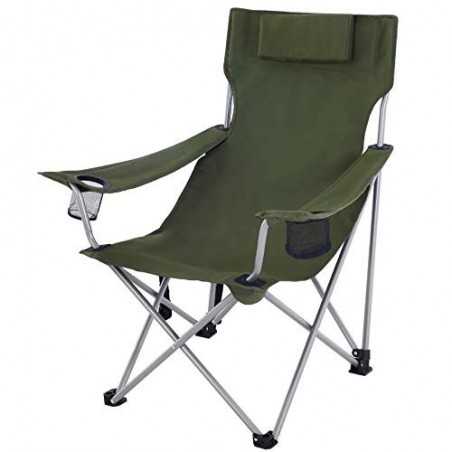 Scaun de camping pliabil, Scaun de exterior cu cotiere, tetiera si suport pentru pahare, structura stabila, max. Capacitate 150 kg, Green GCB09AG