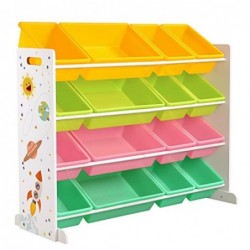 Raft pentru jucării, organizator de jucării, raft pentru creșă cu 16 cutii detașabile din plastic PP, pentru creșă, cameră de joacă, școală, galben, verde deschis, roz și verde Samar GKR070W01