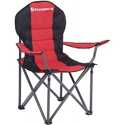 Scaun de camping pliabil, cu scaun confortabil din burete, suport pentru pahare, structură rezistentă, capacitate maximă de încărcare 250 kg, scaun de exterior, negru GCB06BK