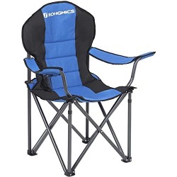 Scaun de camping pliabil, cu scaun confortabil din burete, suport pentru pahare, structură rezistentă, capacitate maximă de încărcare 250 kg, scaun de exterior, albastru GCB06BU
