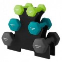 Set de gantere hexagonale cu suport - 2 x 1 kg, 2 x 2 kg, 2 x 3 kg, finisaj mat din neopren, greutăți pentru mâini pentru exerciții la domiciliu, var, teal și gri închis SYL612G02