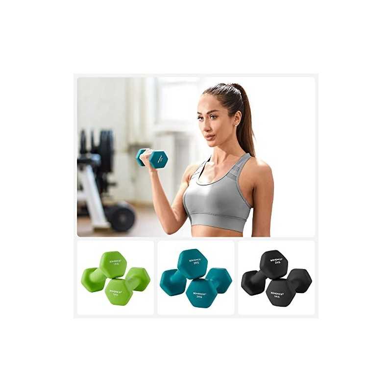 Set de gantere hexagonale cu suport - 2 x 1 kg, 2 x 2 kg, 2 x 3 kg, finisaj mat din neopren, greutăți pentru mâini pentru exerciții la domiciliu, var, teal și gri închis SYL612G02