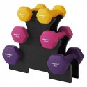 Set gantere hexagonale cu suport, 2 x 1 kg, 2 x 1,5 kg, 2 x 2 kg, Greutăți pentru mâini cu finisaj mat din neopren, pentru exerciții la domiciliu, galben, roz și violet SYL609B02
