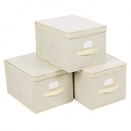 Set 3 cutii de depozitare pliabile cu capace, cuburi din stofa cu suport pentru etichete, cutii de depozitare organizatoare, 40 x 30 x 25 cm, bej RFB03M