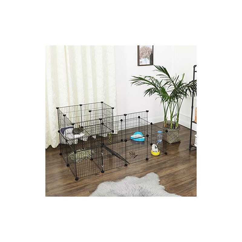 Cușcă pentru cobai, plasă metalică pentru animale de companie cu ușă, gard personalizabil pentru animale mici, iepure, pentru utilizare în interior, cu ciocan de cauciuc, 143 x 73 x 71 cm negru LPI06H