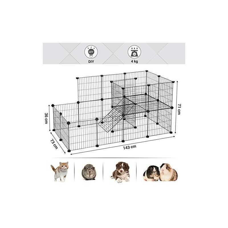 Cușcă pentru cobai, plasă metalică pentru animale de companie cu ușă, gard personalizabil pentru animale mici, iepure, pentru utilizare în interior, cu ciocan de cauciuc, 143 x 73 x 71 cm negru LPI06H