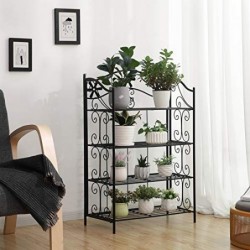 Raft de baie retro cu 4 niveluri, suport pentru plante de grădină, cărucior de flori din metal, afișaj cu suport pentru plante, negru GFS103B