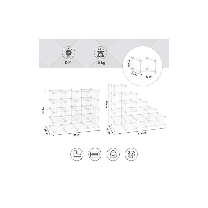 Rack de pantofi modular 15 cuburi, raft DIY cu panouri de plasă metalice, dulap Cabinet hol dormitor Include ciocan de cauciuc, alb, LPI44WS