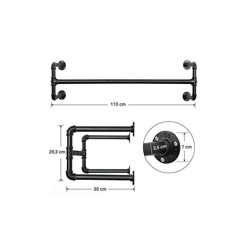 Suport pentru haine montat pe perete, bară pentru agățat haine din țeavă industrială, economisește spațiu, 110 x 30 x 29,3 cm, susține până la 60 kg, asamblare ușoară, pentru spațiu mic, negru HSR64BK