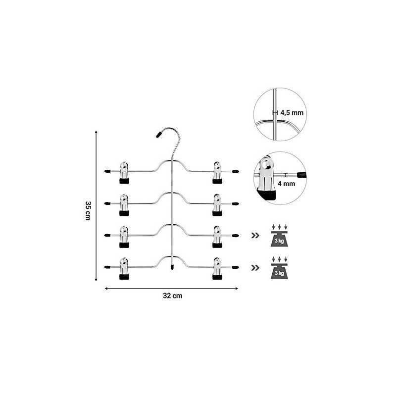 Umerașe pentru fuste pantaloni cu cleme, set de 3 umerase metalice pentru pantaloni, cu economie de spațiu, pe 4 niveluri, cu 8 cleme anti-alunecare reglabile, pentru pantaloni, blugi, prosoape, pantaloni scurți, 32 cm, argintiu și negru CRI042BK