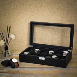 Cutie ceas JWB302H cu 12 compartimente, cutie mare ceas cu capac din sticlă, capac din PU, căptușeală din catifea, încuietoare din metal, cadou grozav pentru cei dragi, 36,2 x 9 x 21,3 cm, negru