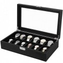 Cutie ceas JWB302H cu 12 compartimente, cutie mare ceas cu capac din sticlă, capac din PU, căptușeală din catifea, încuietoare din metal, cadou grozav pentru cei dragi, 36,2 x 9 x 21,3 cm, negru