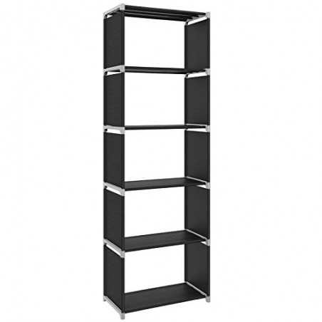 Raft de depozitare, bibliotecă cu 5 niveluri, organizator de haine, fiecare raft are o capacitate de 5 kg, 50 x 30 x 180 cm, pentru sufragerie, dormitor, dulap, negru LSN15H