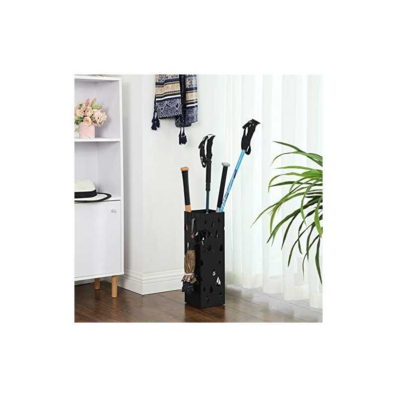 Suport pentru umbrele din metal, Suport pentru umbrelă pătrat cu tavă de scurgere și 4 cârlige, 15,5 x 15,5 x 49 cm, negru LUC49B